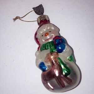 Holiday Thomas Pacconi Snowman Glass Ornament with Deer White, Red, Green, Blue